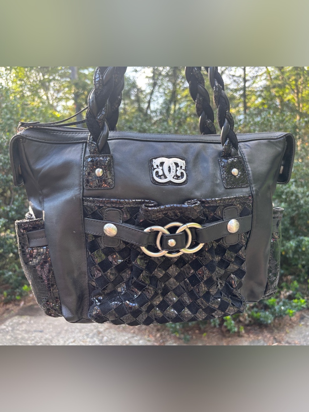 Sharif Black Braided Handle Tote Bag
